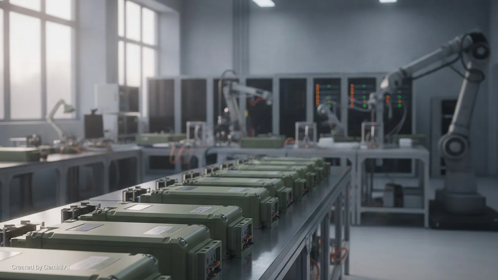 A brightly lit industrial facility features rows of olive-green electronic devices on a foreground workbench, with robotic arms and control panels visible under natural window light.