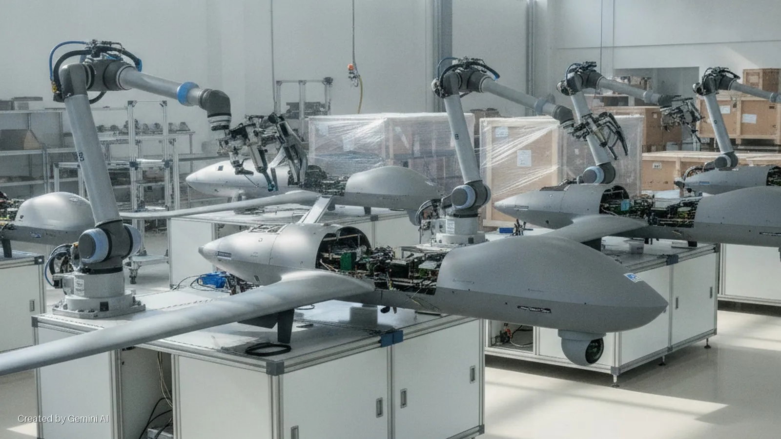 Grey robotic arms assemble partially completed grey UAVs on workbenches in a brightly lit industrial facility.
