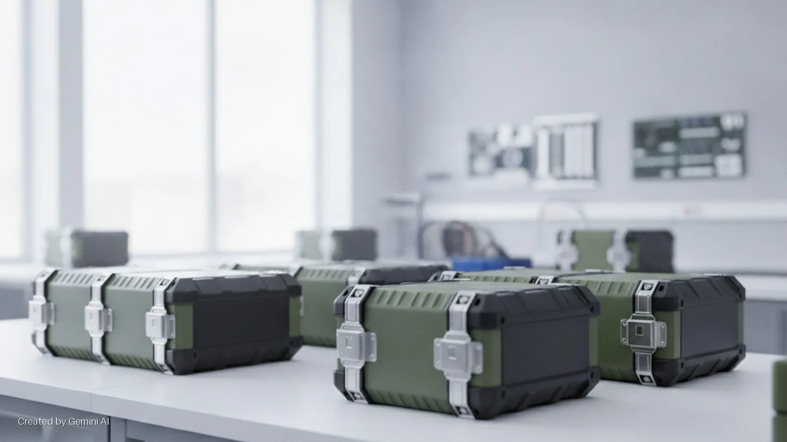 Green and black rugged cases rest on a white laboratory table, illuminated by bright window light, with blurred computer components visible in the background.