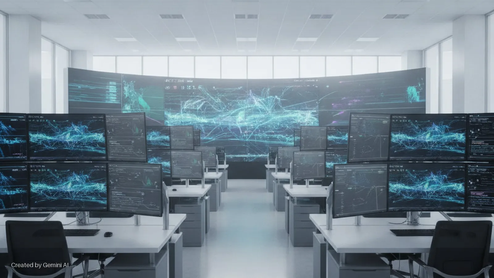 A brightly lit modern control room features rows of empty white desks, each equipped with multiple computer monitors displaying complex blue and green data visualizations, backed by a large curved screen showing similar digital information.