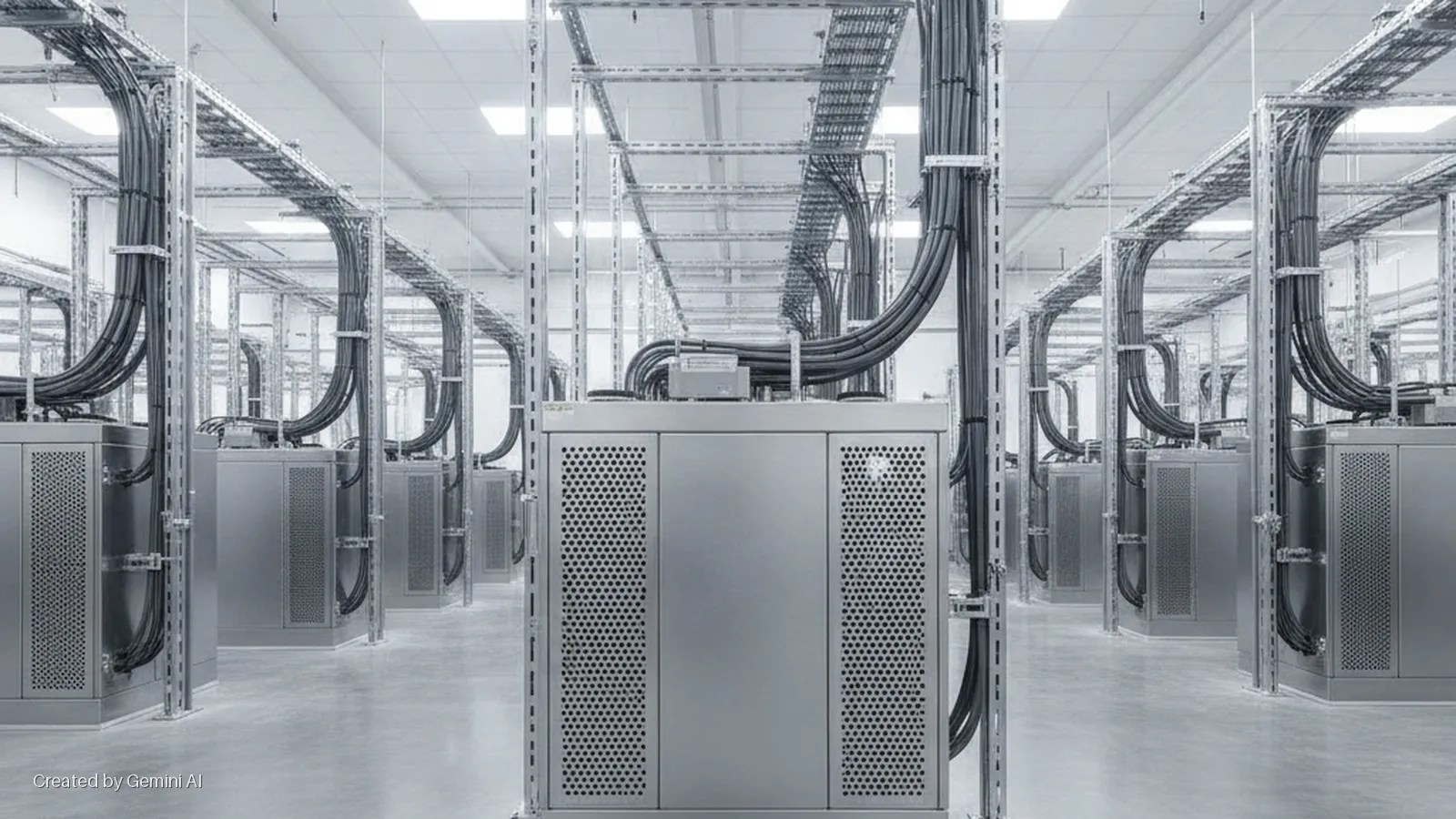 A brightly lit data center room features long rows of silver server racks with overhead cable trays carrying thick black cables.