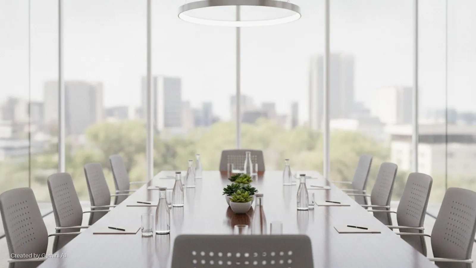 A bright conference room features a long wooden table set with water bottles, glasses, notebooks, pens, and small succulents, surrounded by chairs, with a city skyline visible through large windows and a circular ceiling light overhead.