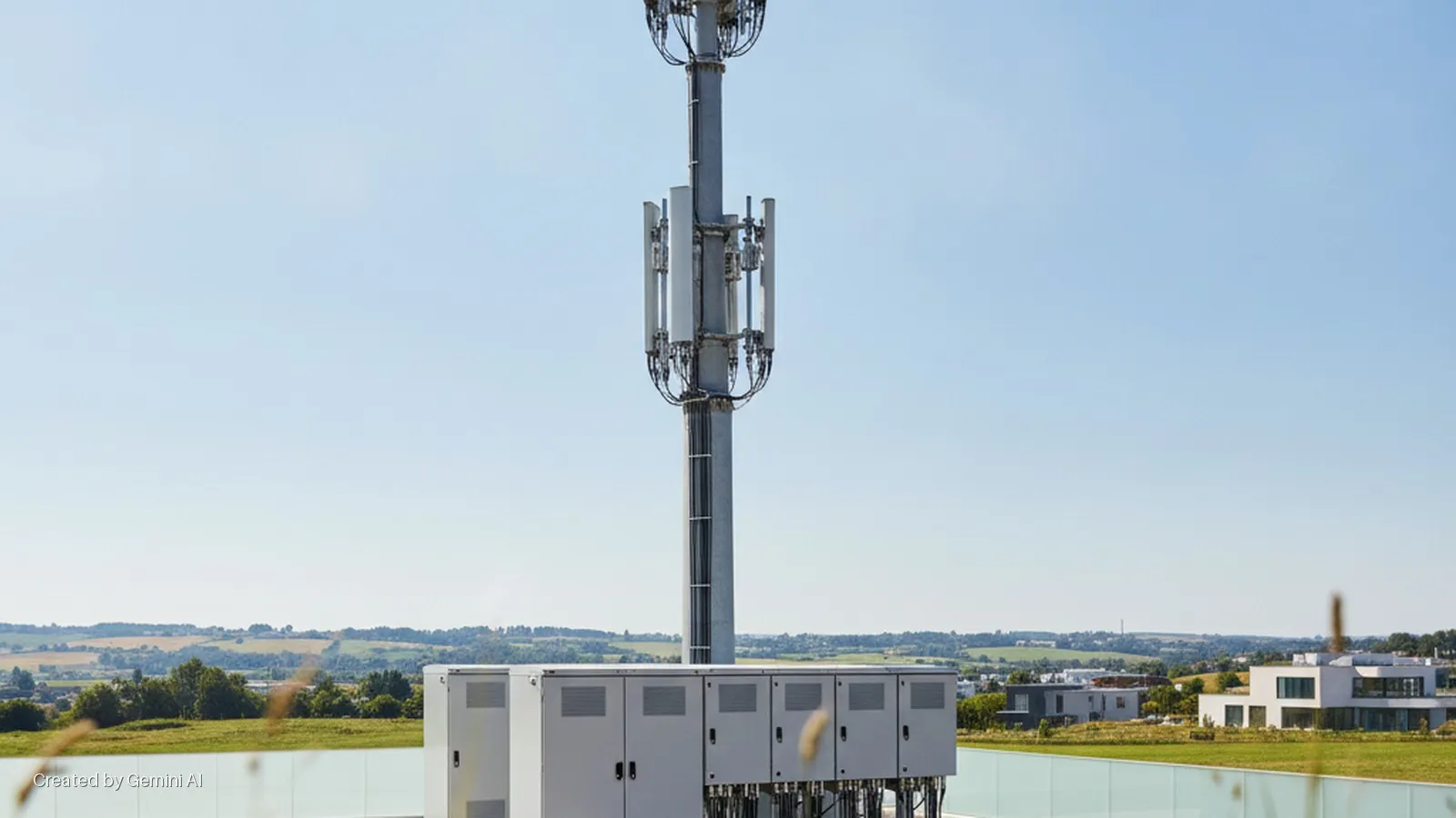 A tall cellular telecommunications mast with multiple antennas and base cabinets stands under a clear blue sky, overlooking a sunny landscape of rolling green hills and modern houses.