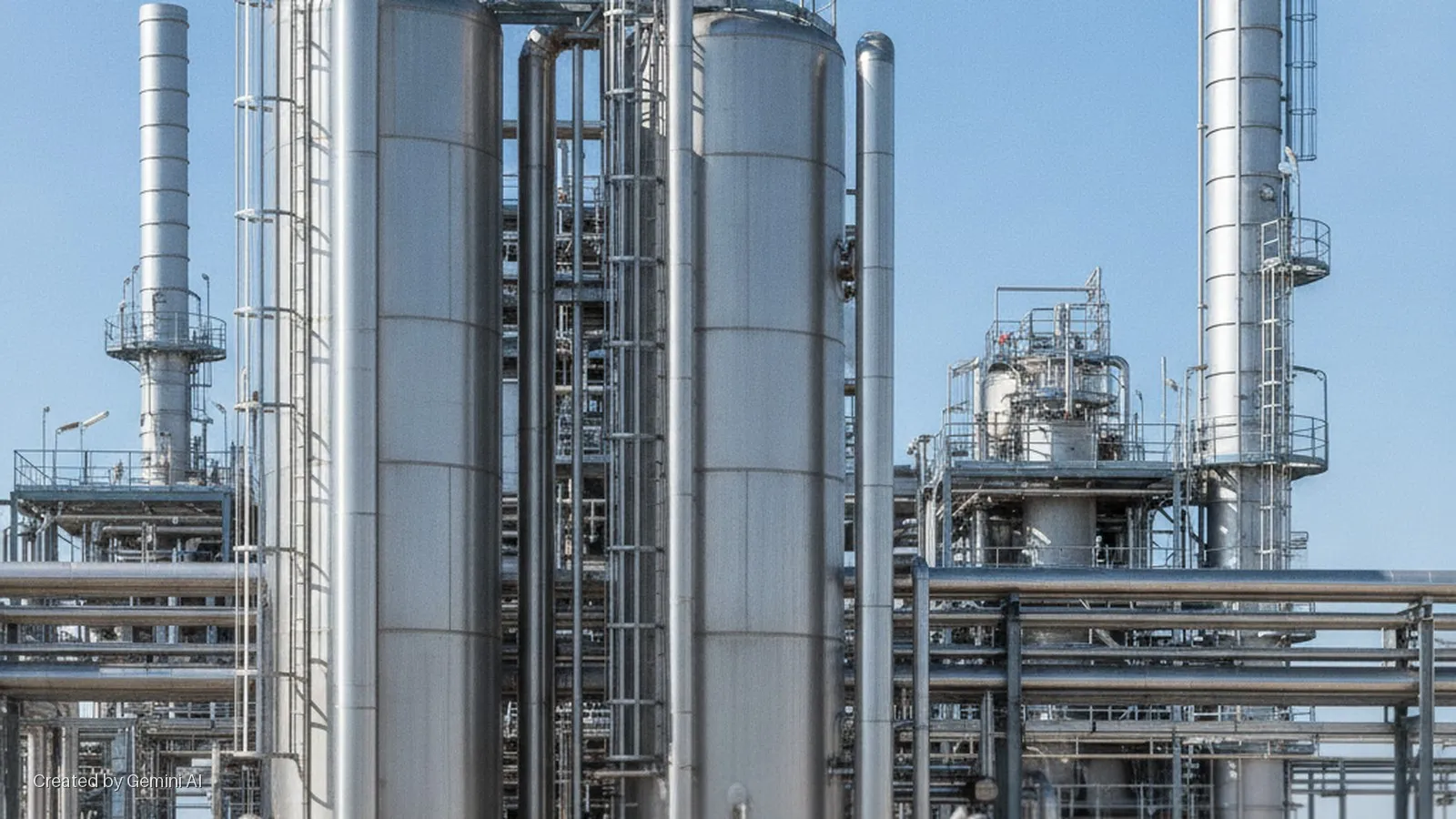 An industrial facility featuring tall silver storage tanks, distillation columns, and a network of pipes and platforms under a bright blue sky.