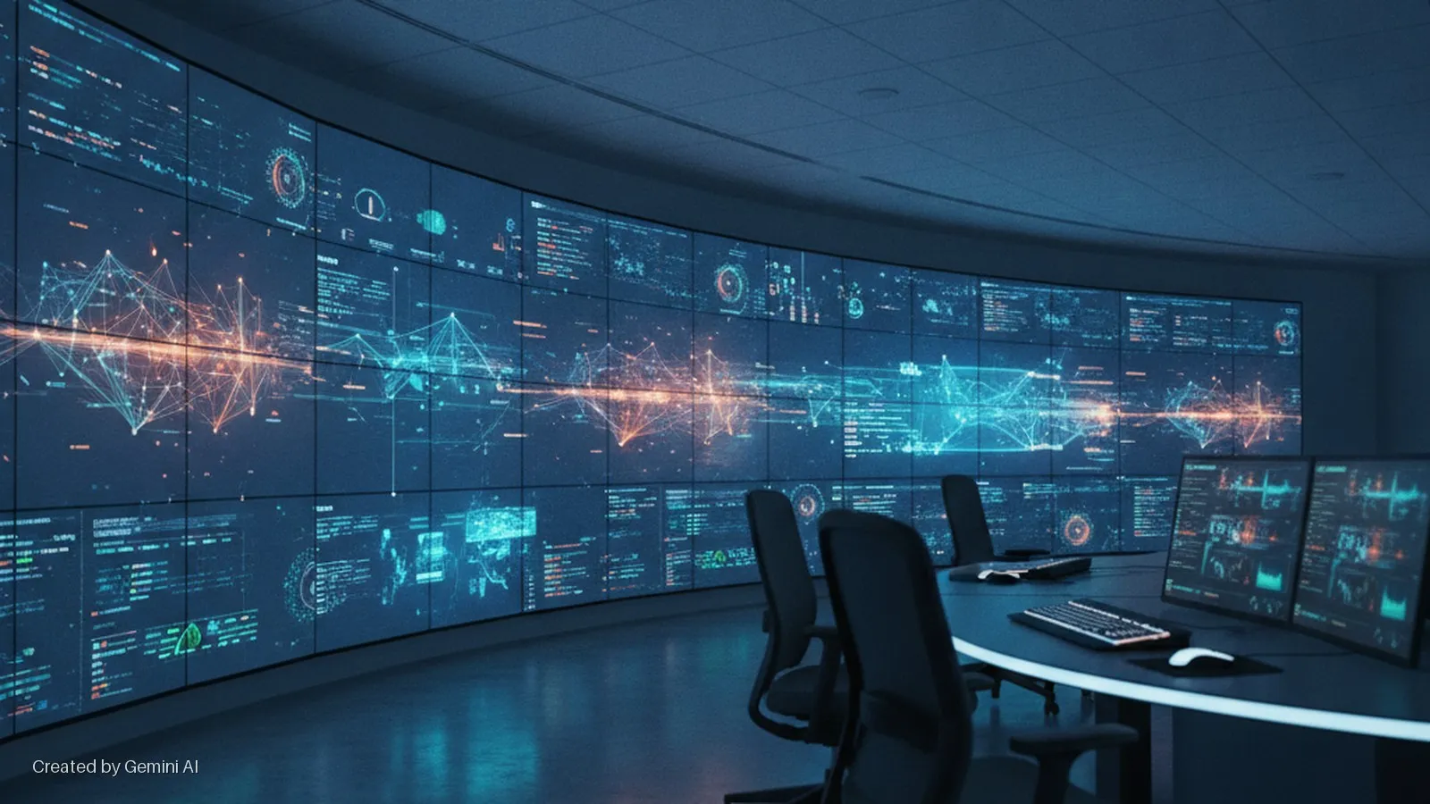 A dark control room features a large curved wall of display screens showing interconnected data visualizations, with a table in the foreground holding multiple computer monitors, keyboards, mice, and office chairs.