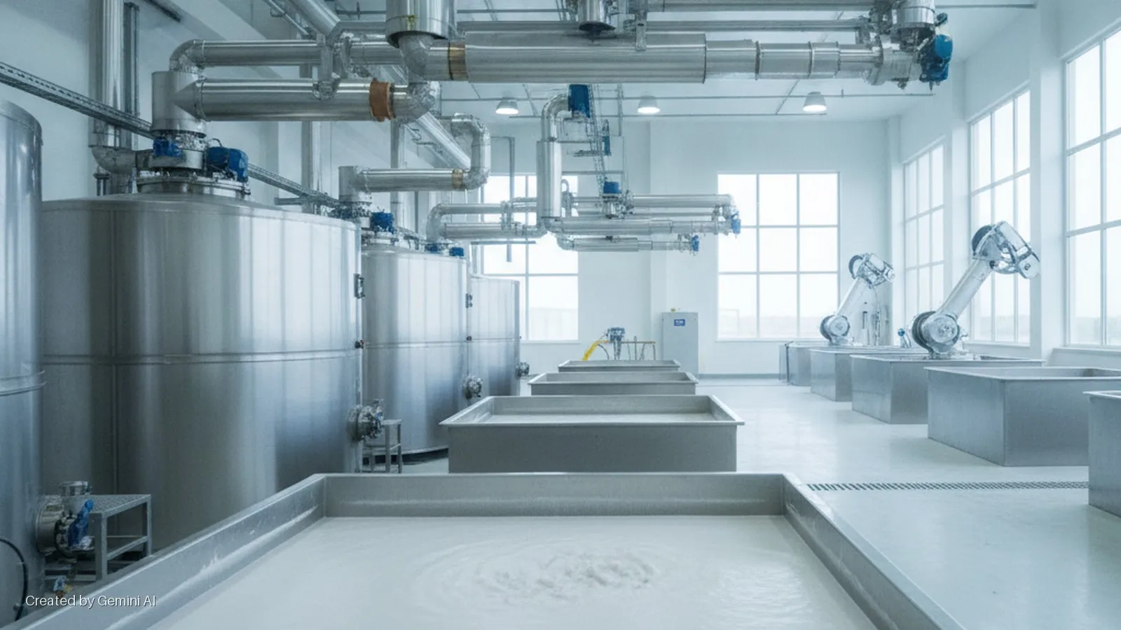 A bright industrial facility features large stainless steel tanks, extensive overhead piping, multiple open vats of white liquid, and several robotic arms near large windows.