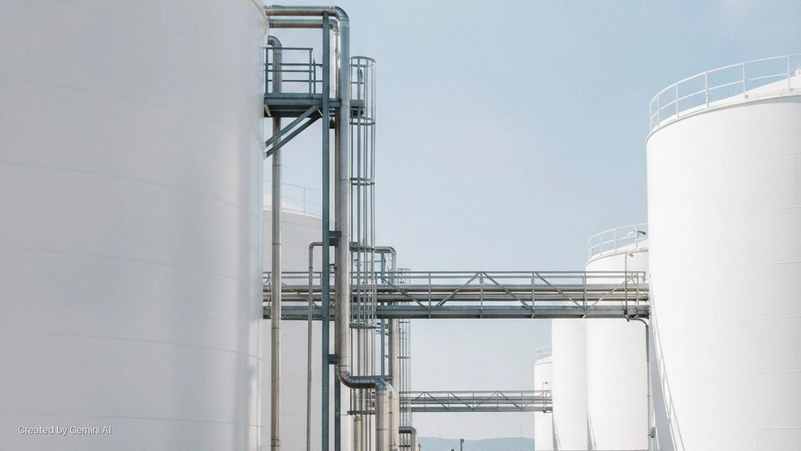 White industrial storage tanks connected by metal pipes, platforms, and ladders under a bright daylight sky.