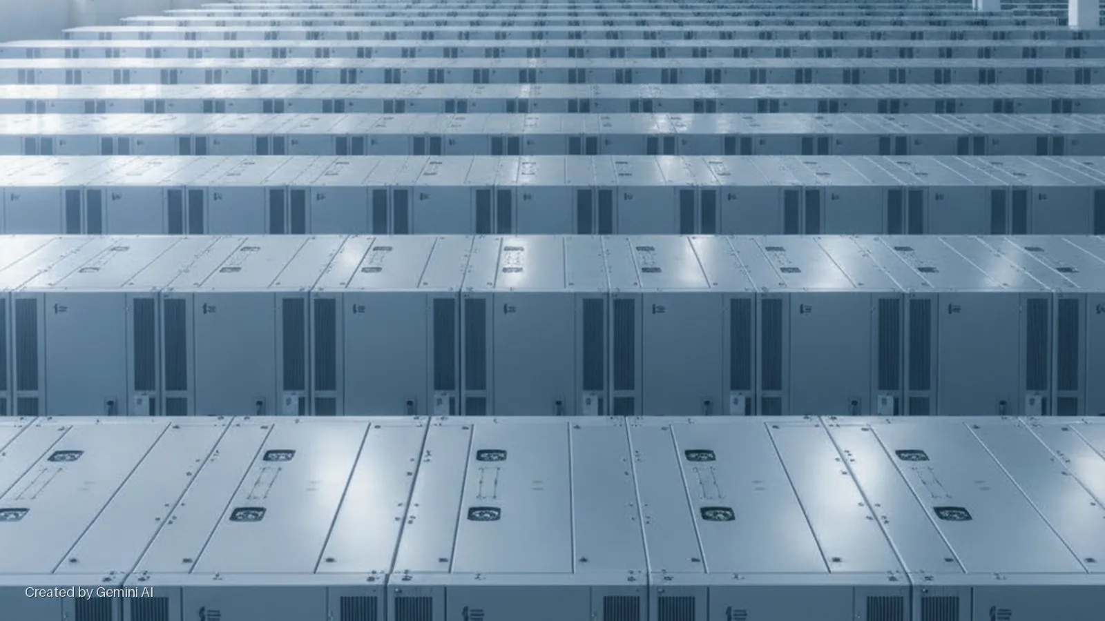 Brightly lit rows of uniform server racks extend throughout a large data center hall.