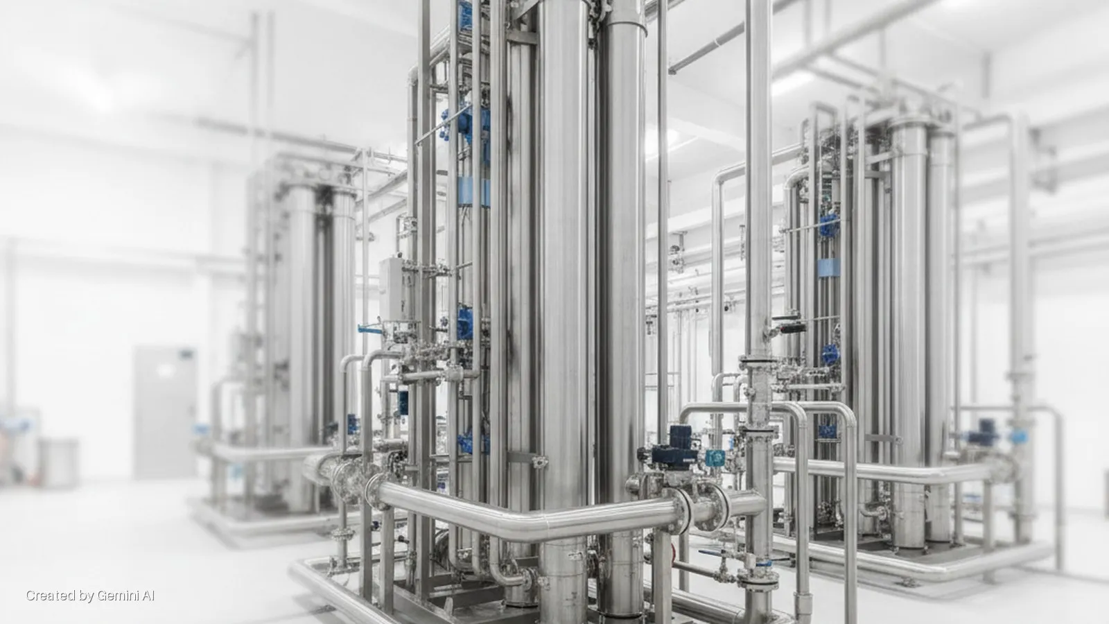 Multiple stainless steel columns and a complex network of pipes with blue-accented valves stand in a brightly lit, sterile industrial facility.