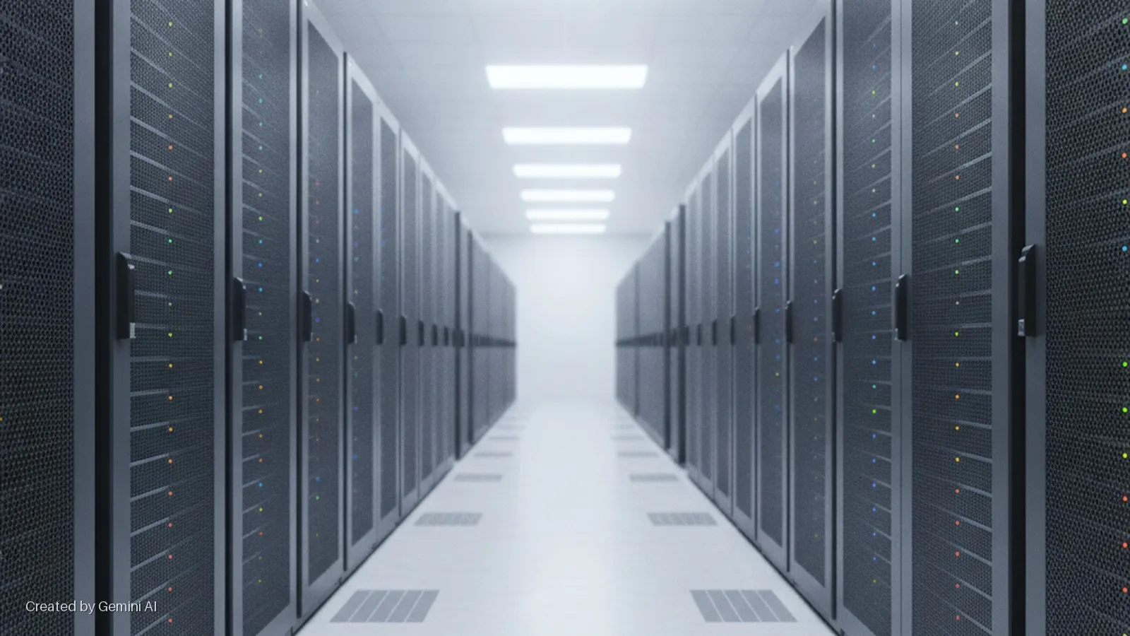 A brightly lit data center aisle extends into the distance, flanked by parallel rows of dark server racks with blinking colorful indicator lights.