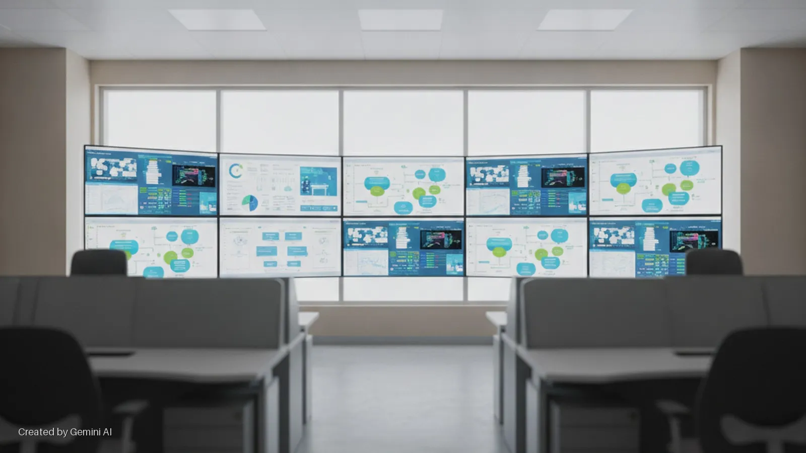 A control room with a curved wall of twelve large monitors displaying various data visualizations, rows of empty desks and chairs in the foreground, and bright ambient light from large windows and overhead panels.
