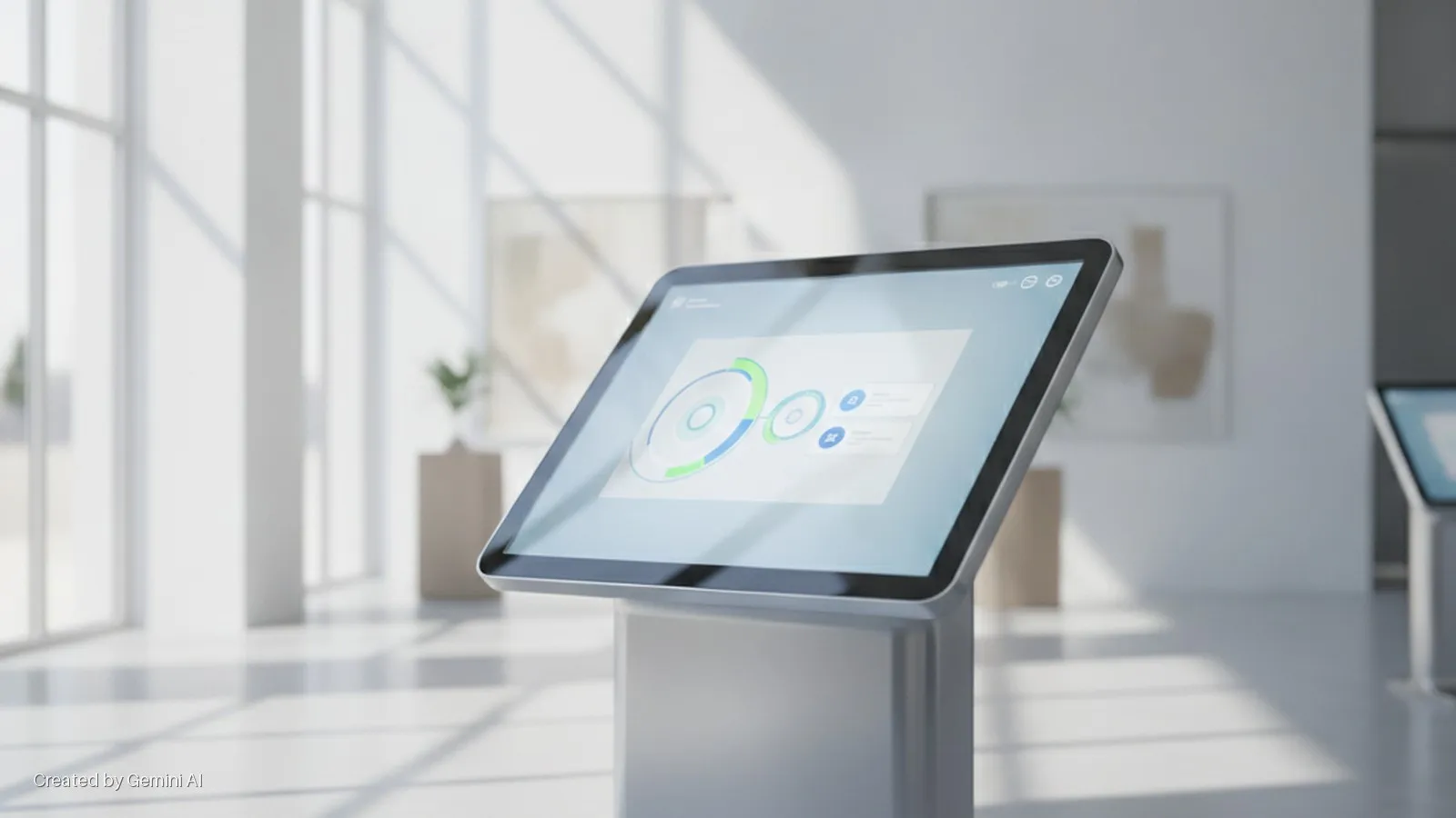 A silver interactive digital kiosk with a dashboard displayed on its touchscreen stands in a brightly lit, modern minimalist interior with large windows and a light-colored floor, casting distinct shadows.