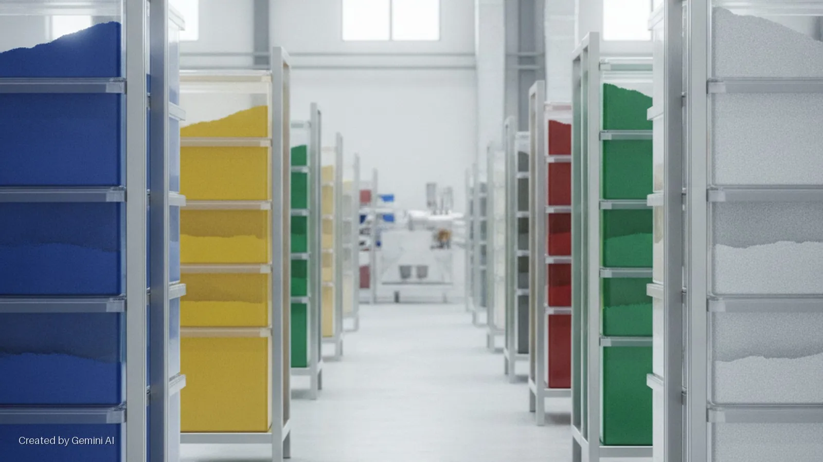 A brightly lit storage aisle features parallel rows of shelves holding clear bins of blue, yellow, green, red, and white powders or granules, leading towards a distant room with windows.
