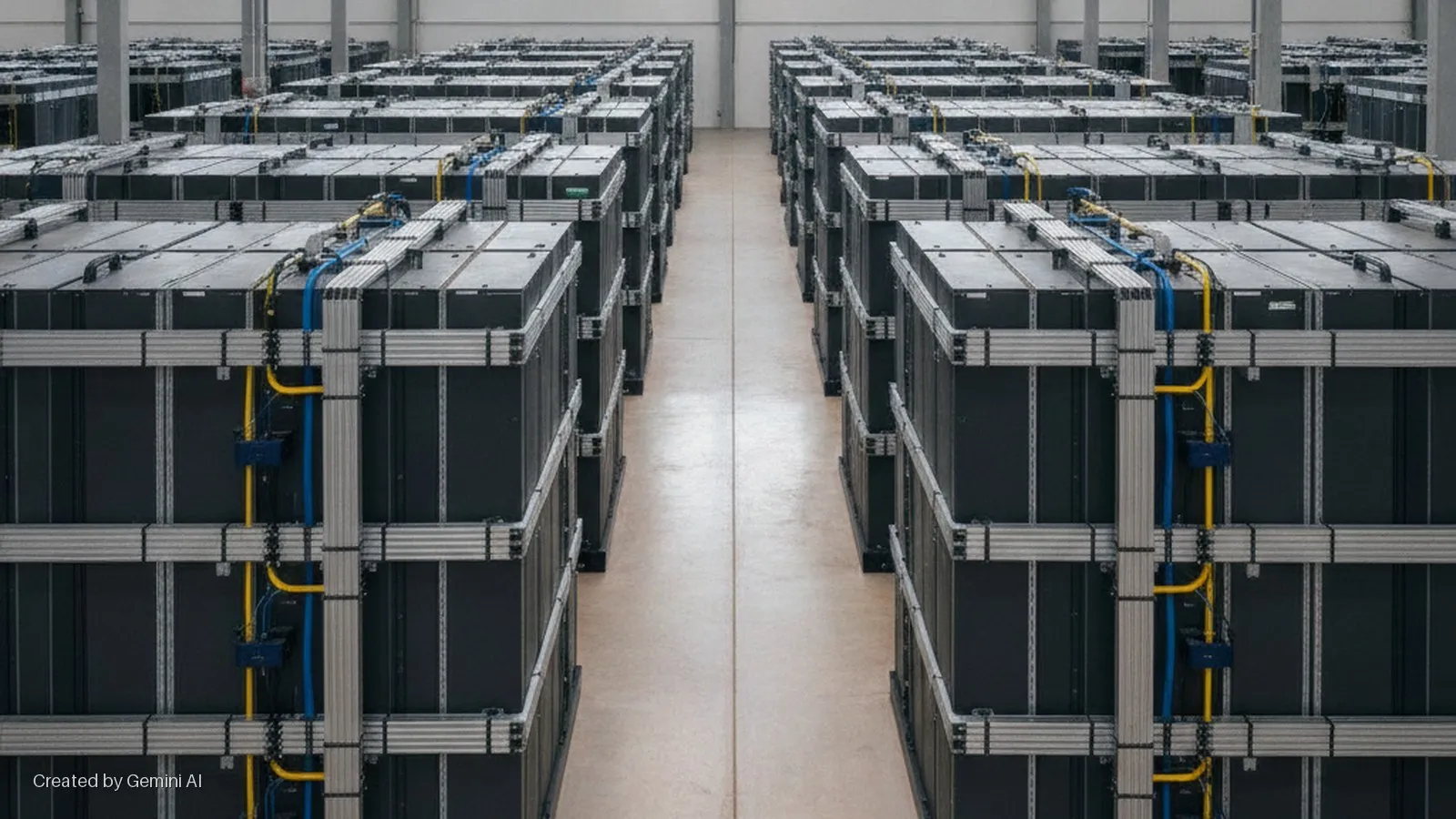 A brightly lit industrial hall contains long parallel rows of large, dark rectangular units stacked on silver metal frameworks, interconnected by blue and yellow cables and tubing.