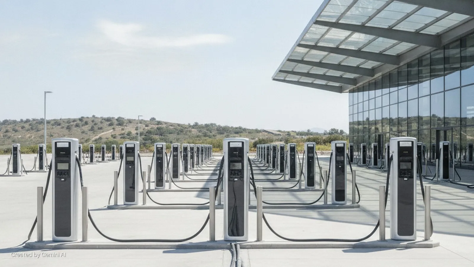 Multiple rows of white and black electric vehicle charging stations on a concrete lot next to a modern glass building with a transparent canopy, under bright daylight with distant hills.