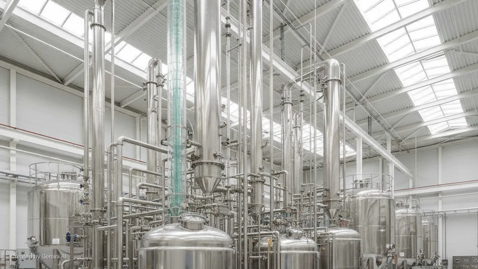 Interior of a brightly lit industrial processing facility filled with large stainless steel tanks, extensive piping, and multiple tall columns, one prominently clear and blue, beneath a corrugated metal roof with skylights.