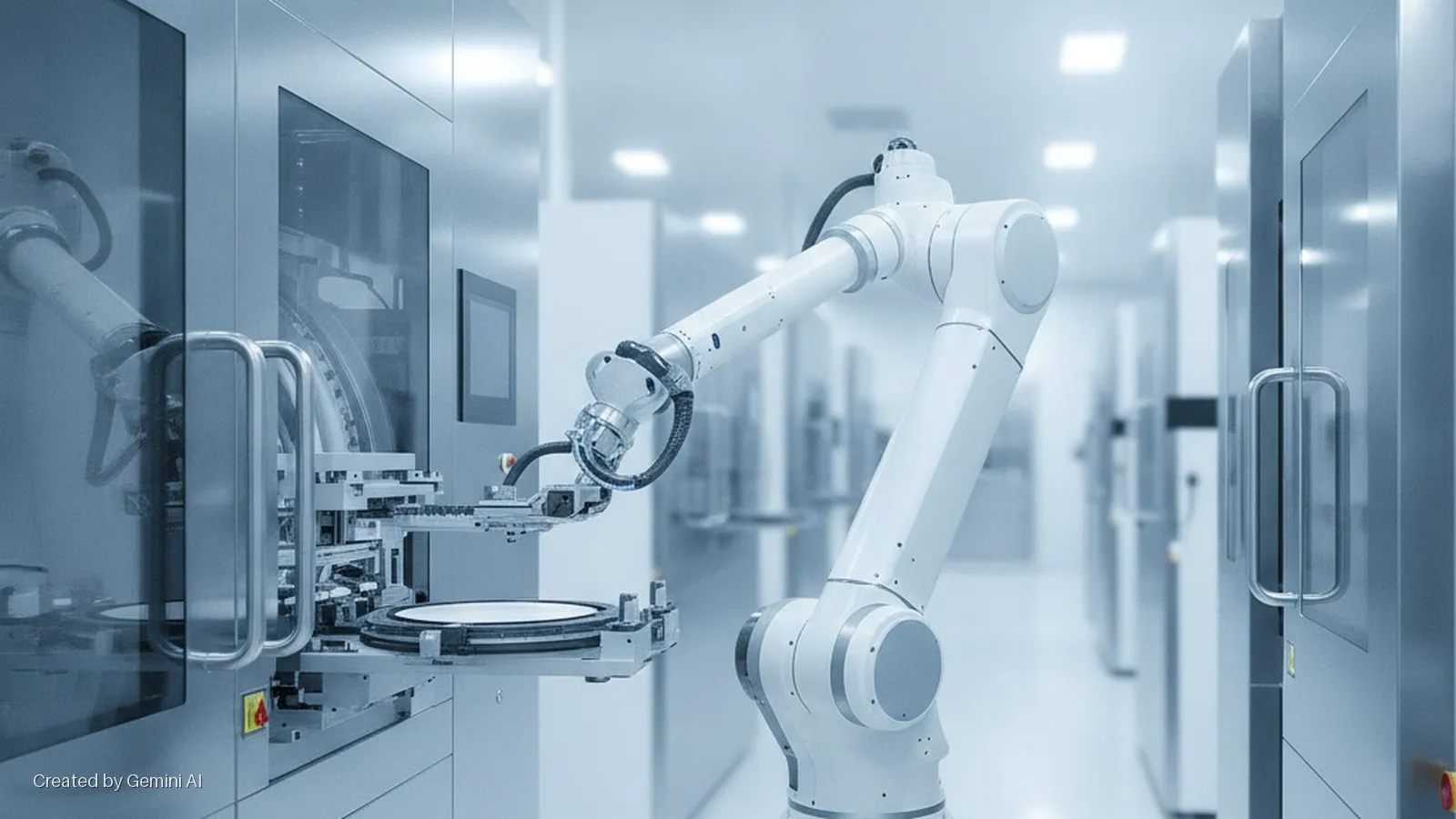 A white robotic arm manipulates a circular object within a cleanroom environment, surrounded by glass-fronted industrial machinery under bright artificial light.