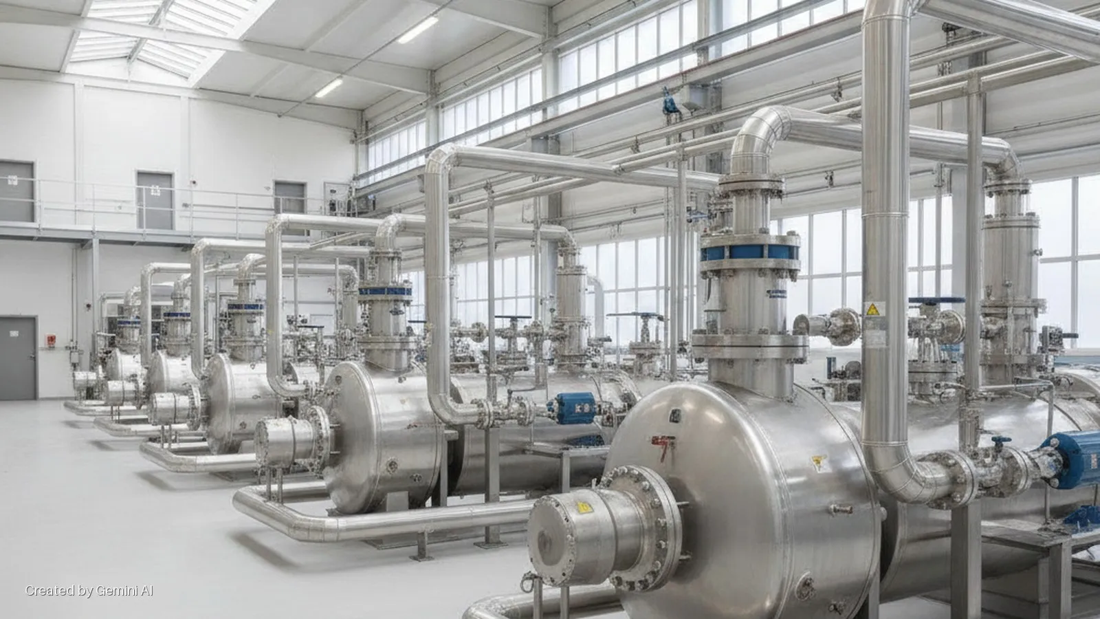 A brightly lit, clean industrial facility features a row of large, stainless steel processing vessels interconnected by extensive piping and valves, with natural light entering from large windows.