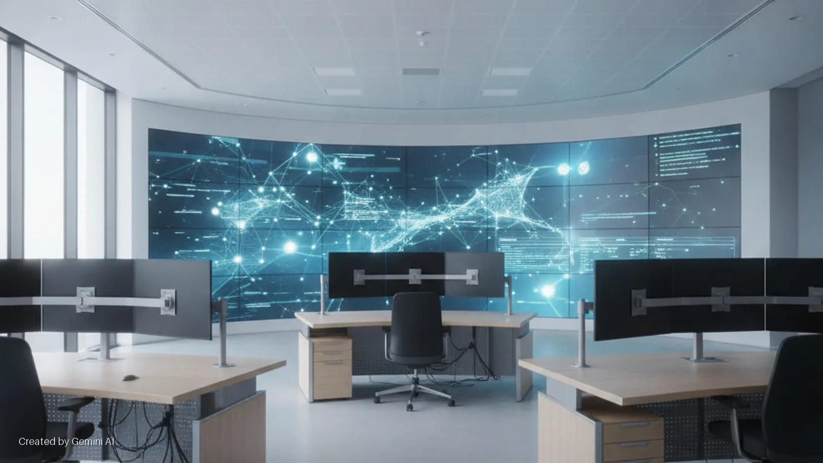 A brightly lit modern control room features a large curved video wall displaying a blue digital network, with multiple empty workstations each equipped with three monitors and an office chair, under natural light from large windows and over
