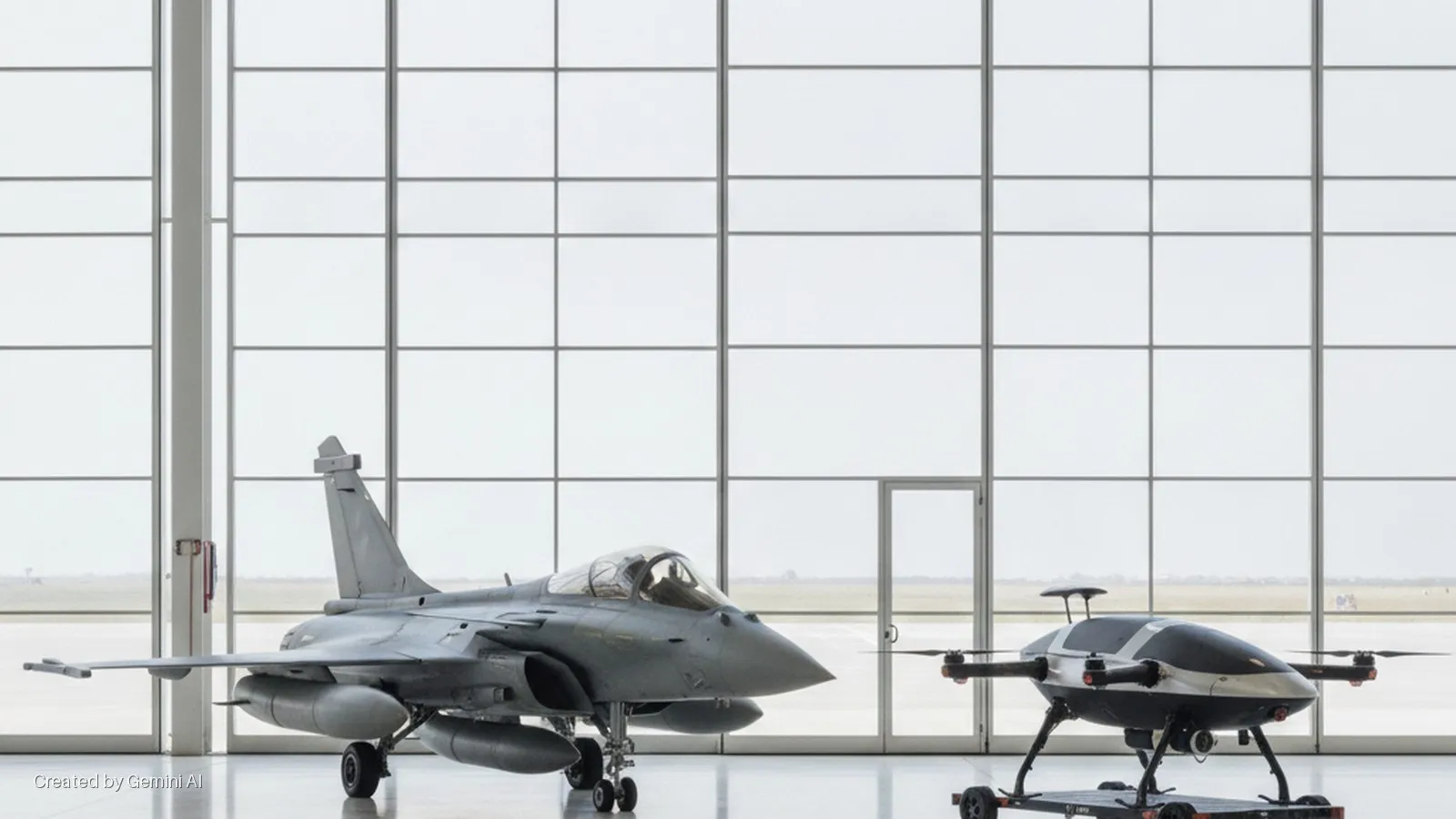 A grey Dassault Rafale fighter jet and a black and silver multirotor drone are displayed inside a naturally lit hangar with a large glass wall overlooking an airfield.