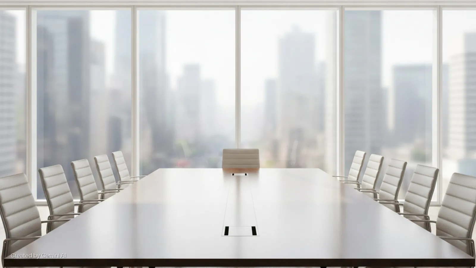 A well-lit, modern conference room features a long rectangular table with a single cream executive chair at one end and rows of matching chairs along the sides, all set against a backdrop of large windows overlooking a blurred city skyline.