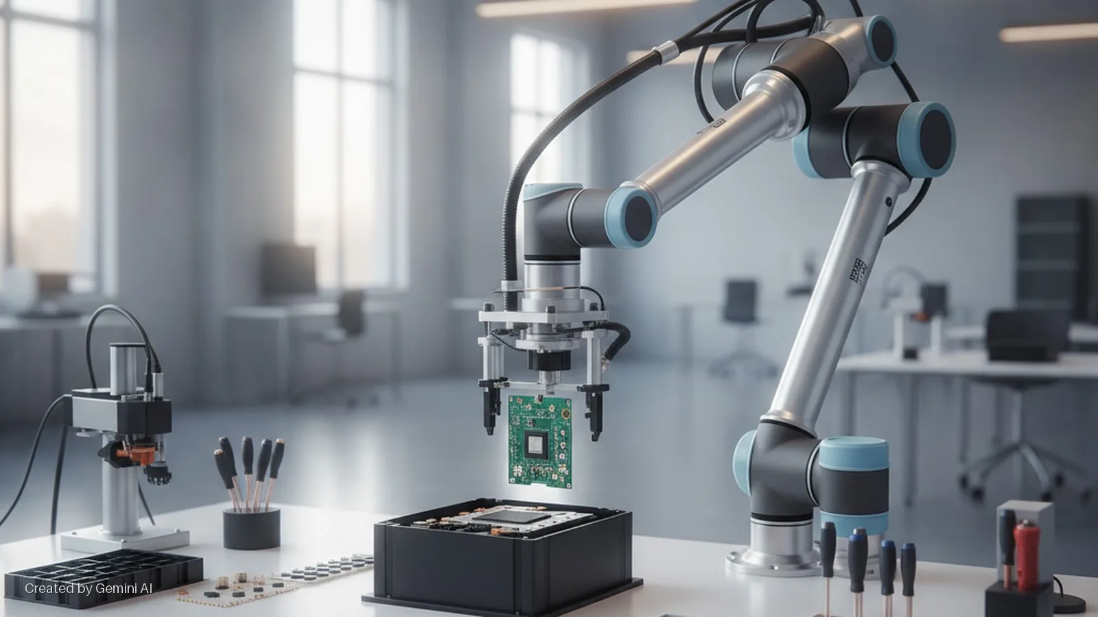 A robotic arm lowers a green circuit board into a black enclosure on a white workbench, with a precision assembly station and screwdrivers nearby, in a bright laboratory or office space with large windows.