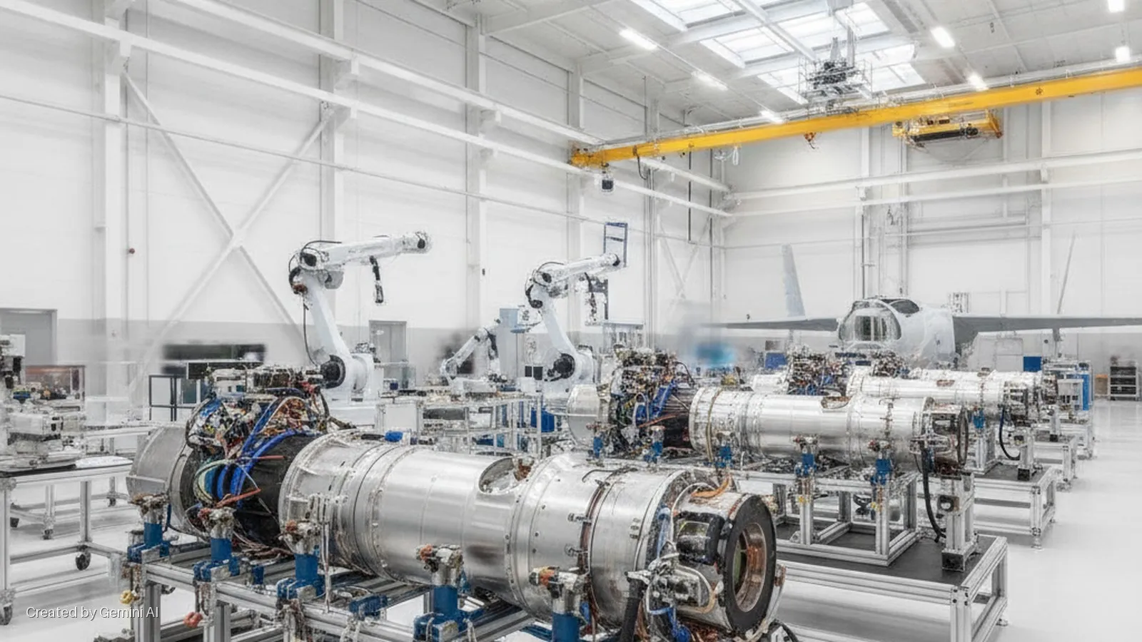 A clean, brightly lit factory floor features robotic arms assembling jet engines on stands, with an aircraft fuselage and an overhead crane in the background.