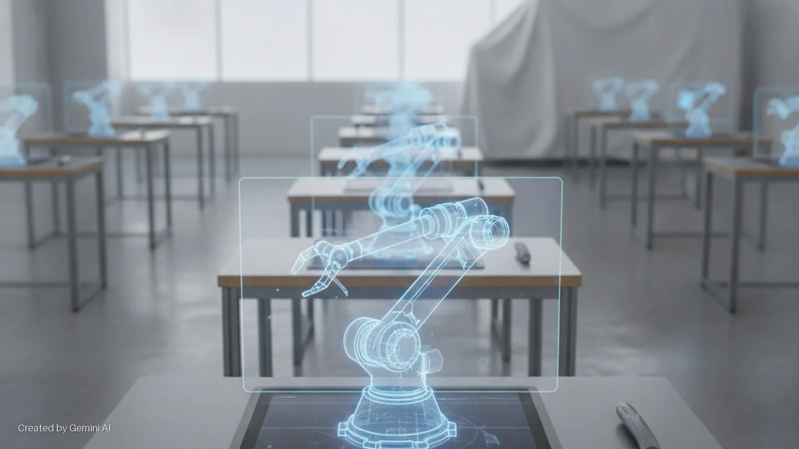 A brightly lit room shows rows of desks, each with a tablet displaying a blue wireframe holographic robotic arm, with a stylus on the front-right desk and a draped white sheet in the far background.