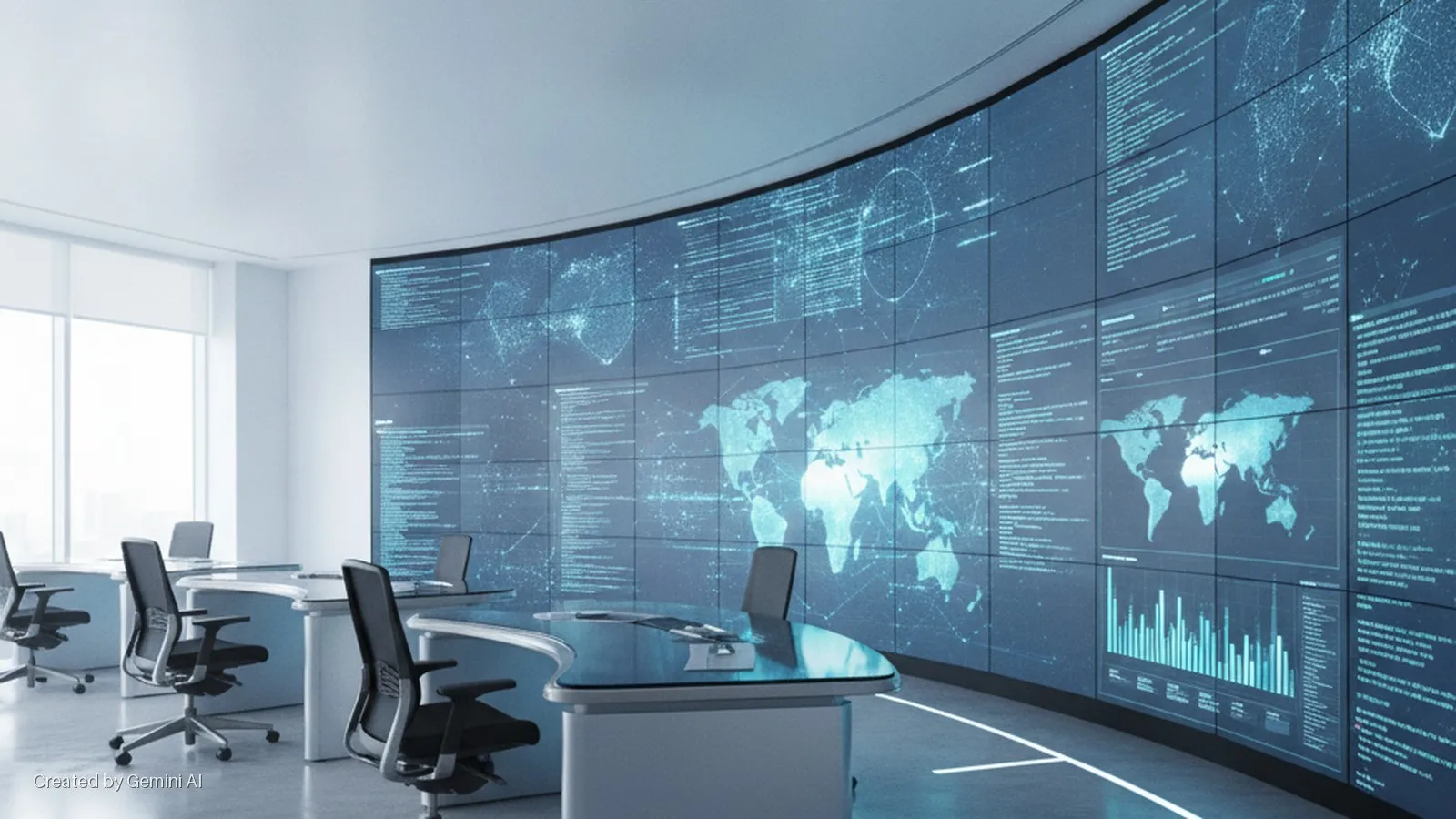 A modern operations center with bright natural light from windows features a large curved video wall displaying global maps, data, and code across multiple screens, alongside several ergonomic chairs and sleek curved desks.