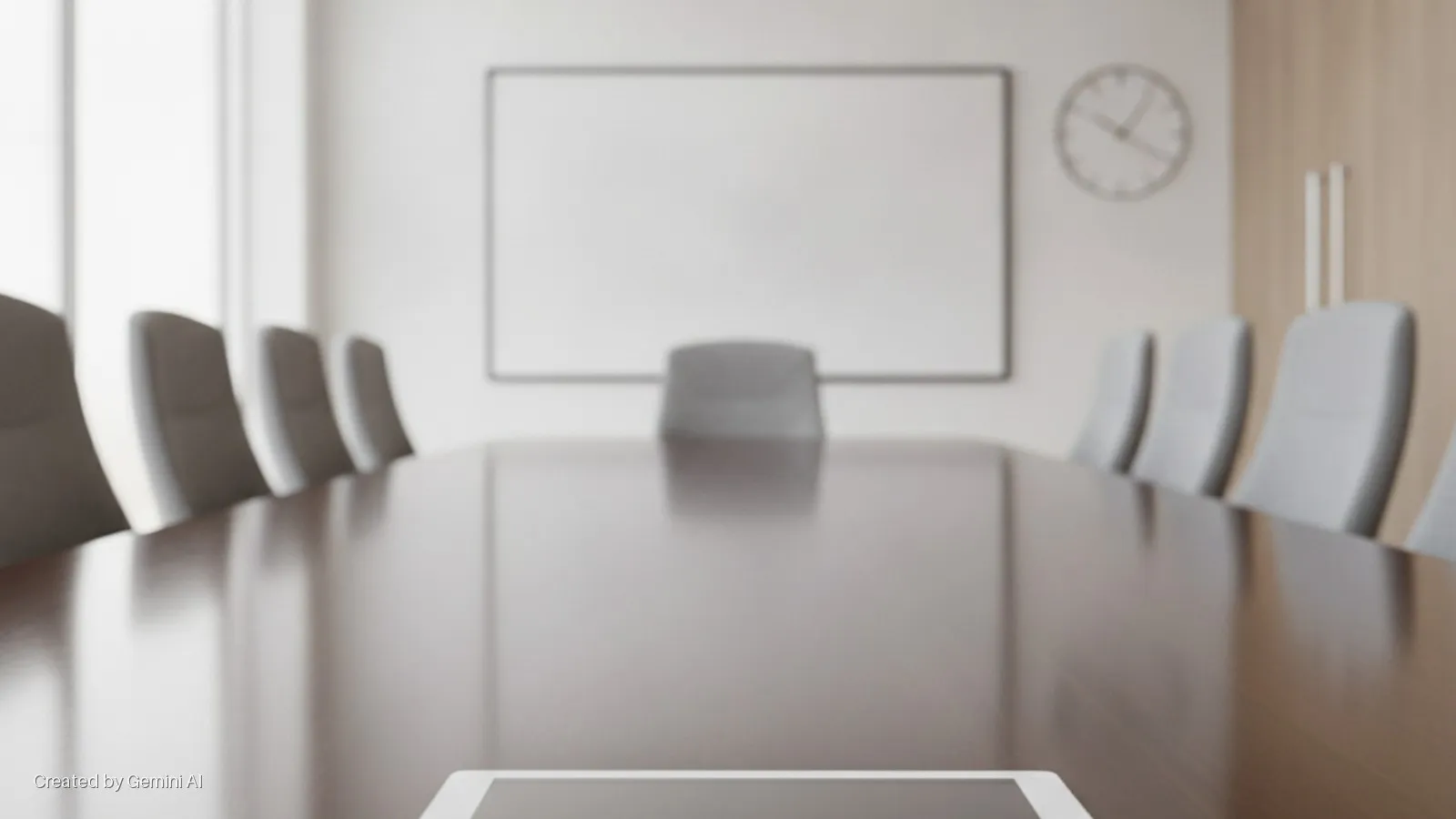 A brightly lit conference room features a long wooden table surrounded by gray chairs, with a large whiteboard, a wall clock, and a tablet in the foreground.