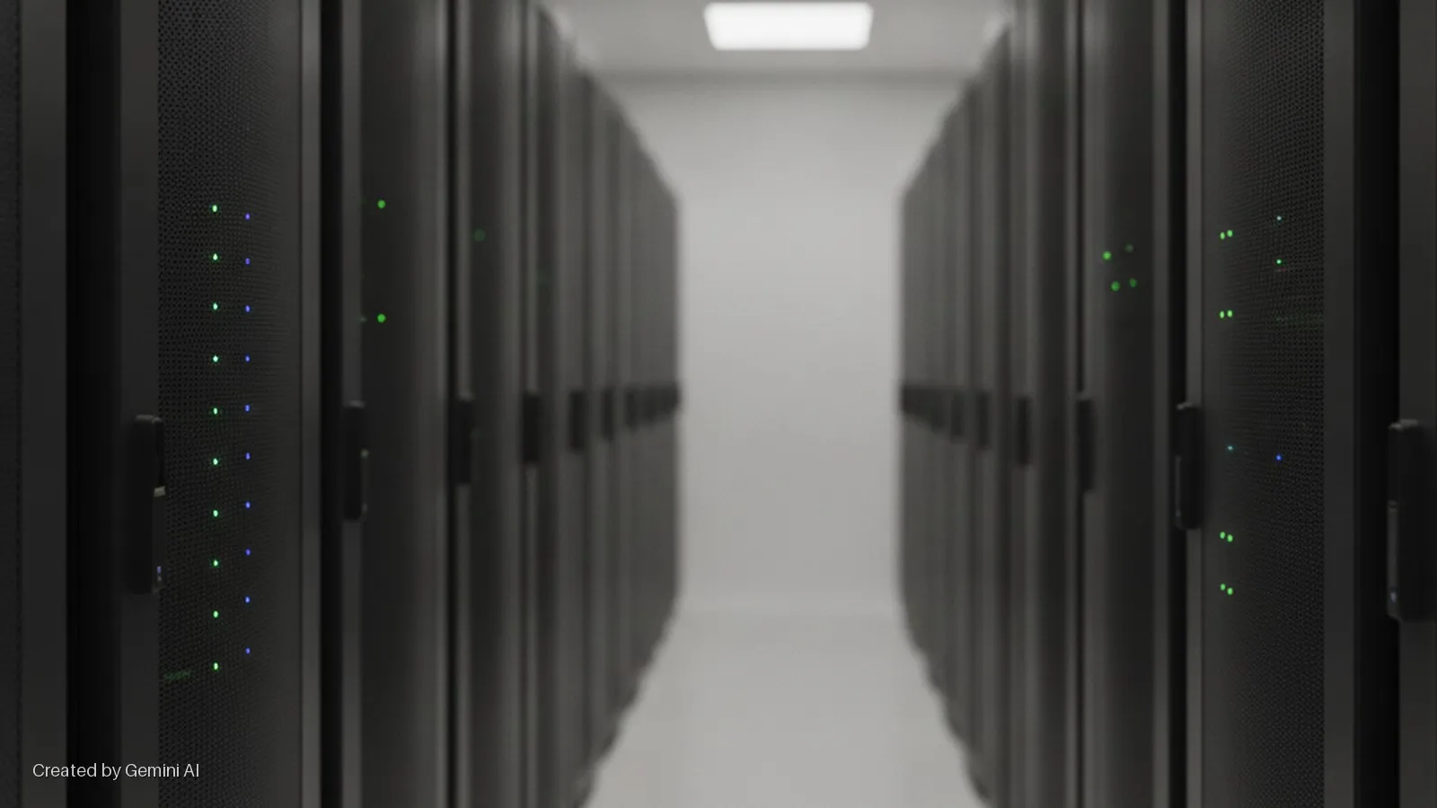 Rows of black server cabinets line a data center aisle, illuminated by an overhead rectangular light and numerous glowing green and blue status LEDs on the cabinet fronts.