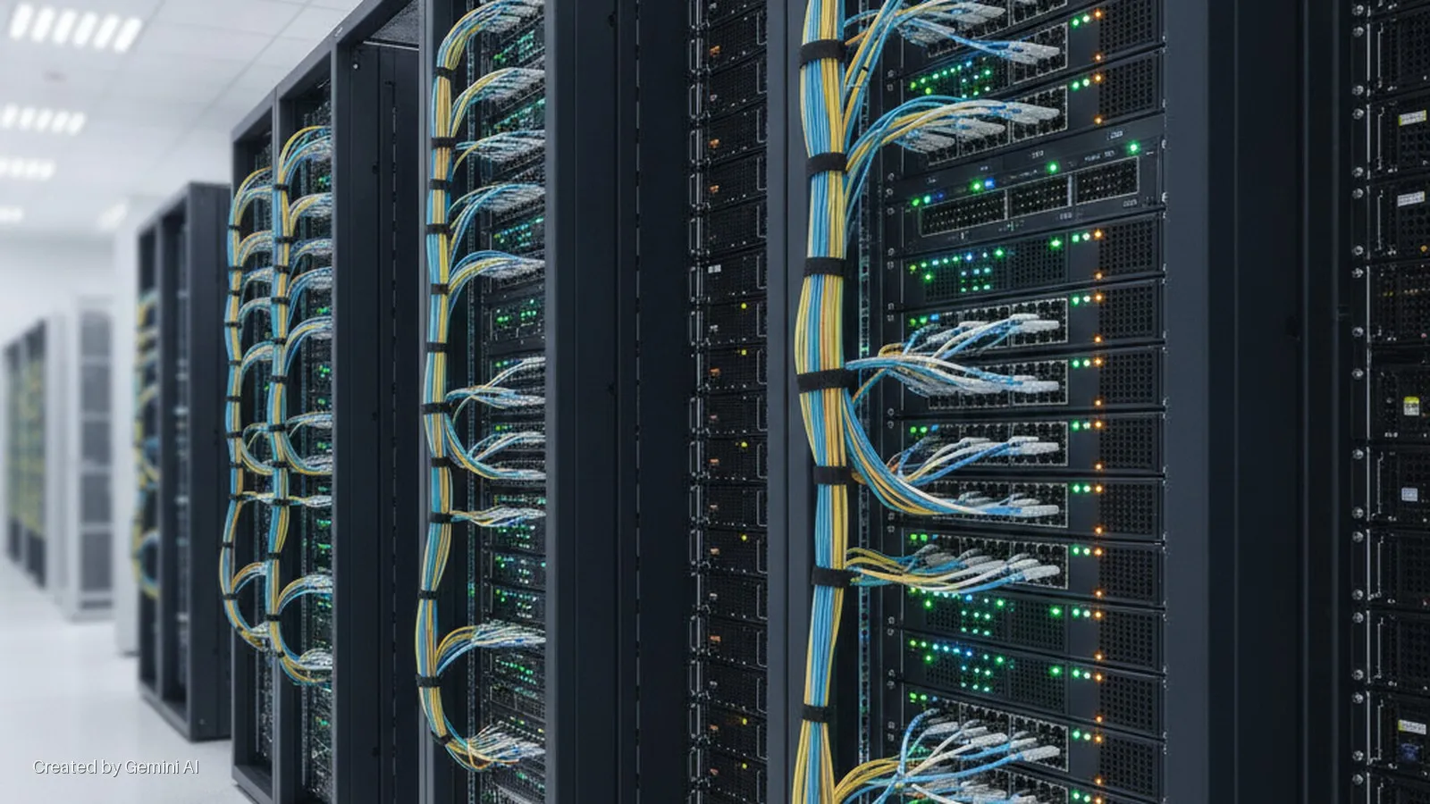 Rows of server racks filled with network equipment displaying green and amber lights, neatly organized with blue and yellow cables, under bright overhead lighting in a data center.