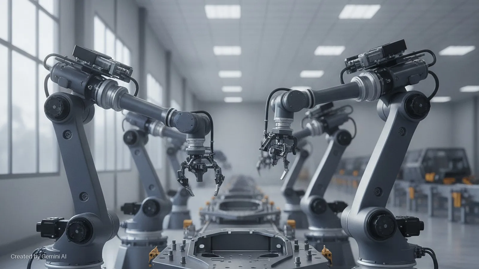 Multiple robotic arms are poised over car chassis on an assembly line in a brightly lit modern factory with large windows and overhead lighting.