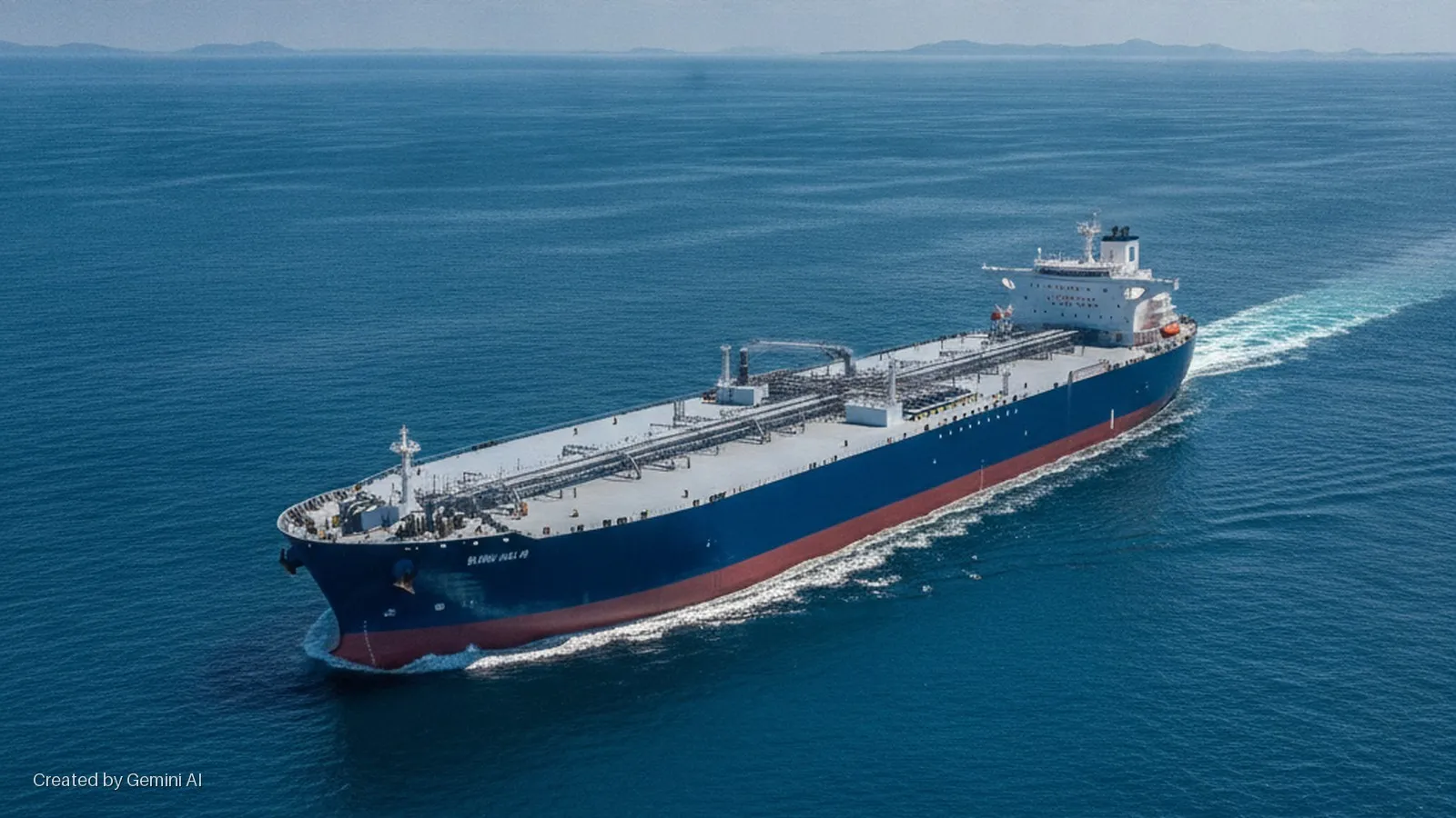 A large dark blue and red oil tanker cruises through calm blue ocean water, leaving a white wake, under bright daylight with distant mountains on the horizon.