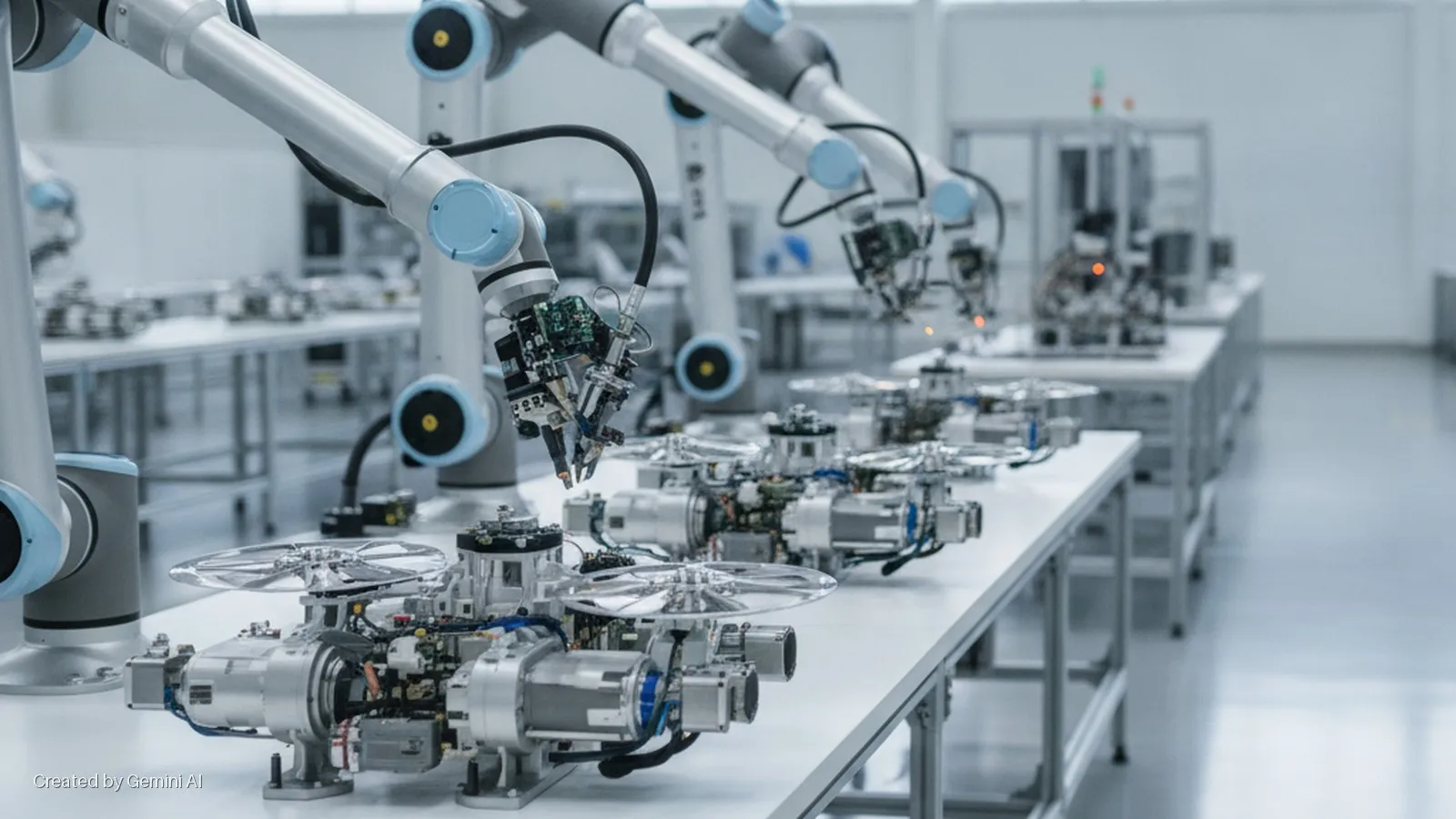 Robotic arms assemble partially built drone units on white tables in a brightly lit factory setting.