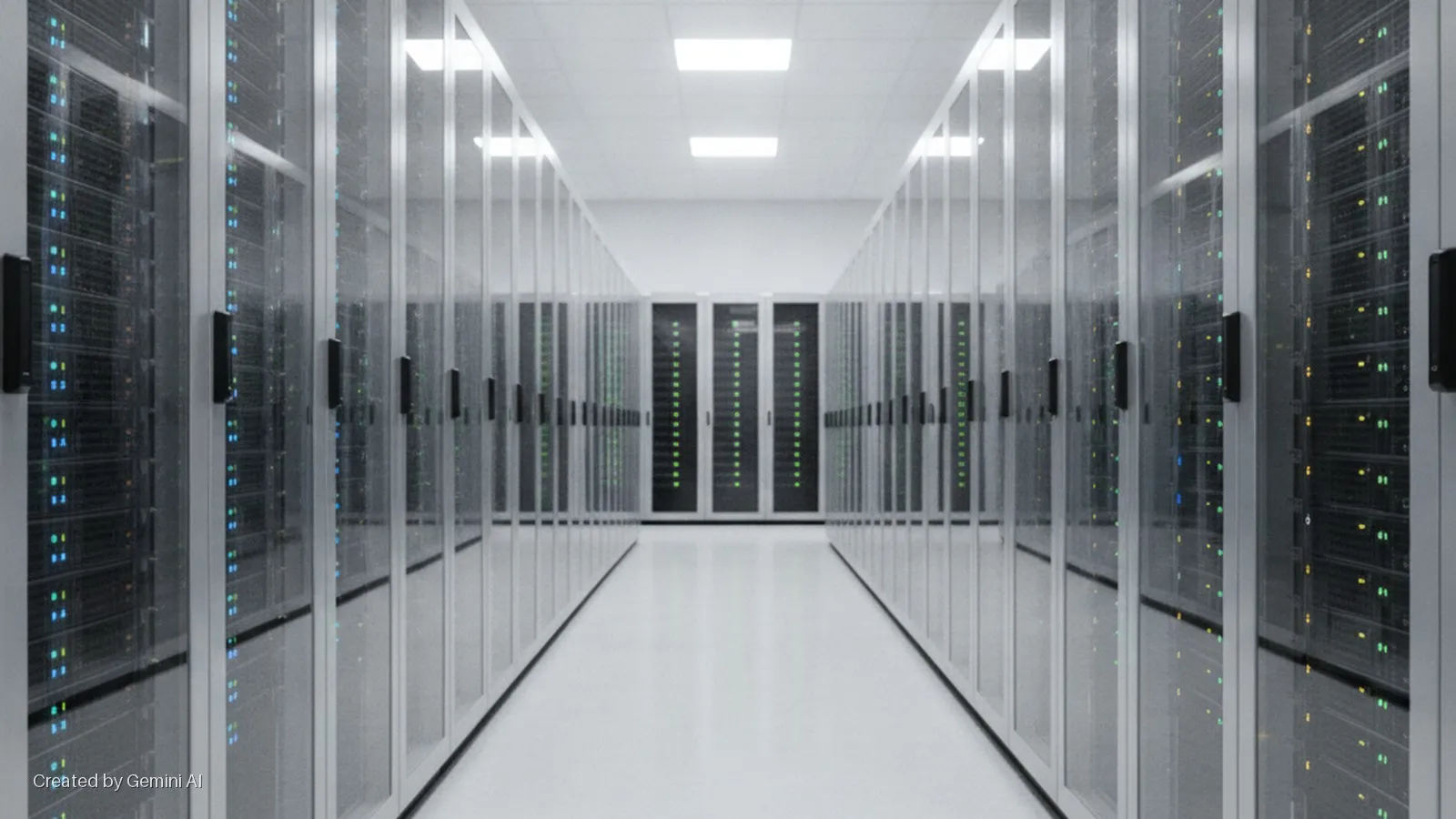 A brightly lit data center aisle extends into the distance, flanked by symmetrical rows of server racks with active blue and green LED lights under overhead panel lighting.