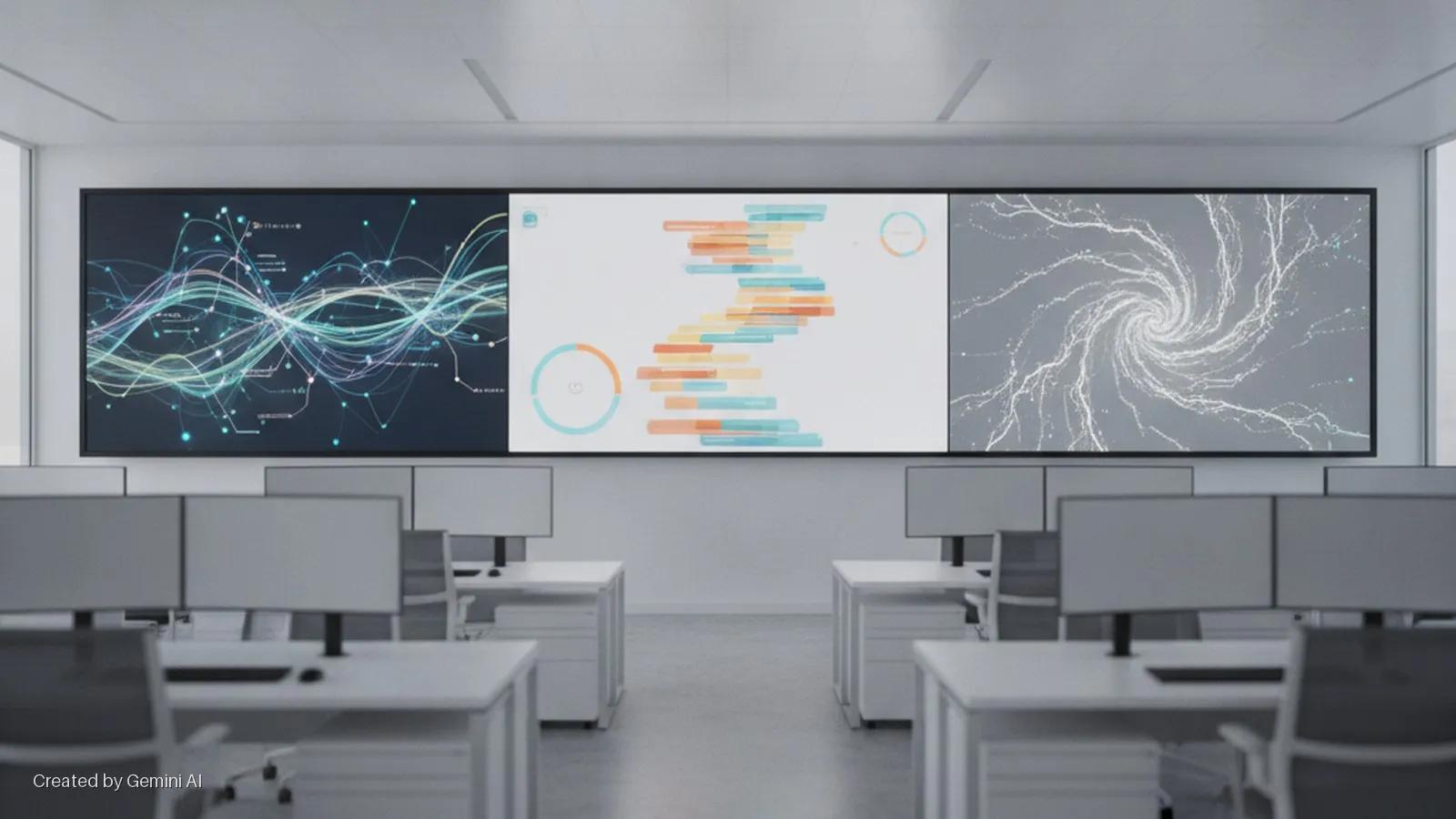 A brightly lit office or control room features a large triple-panel display showing complex data visualizations above rows of white desks with dual monitors.