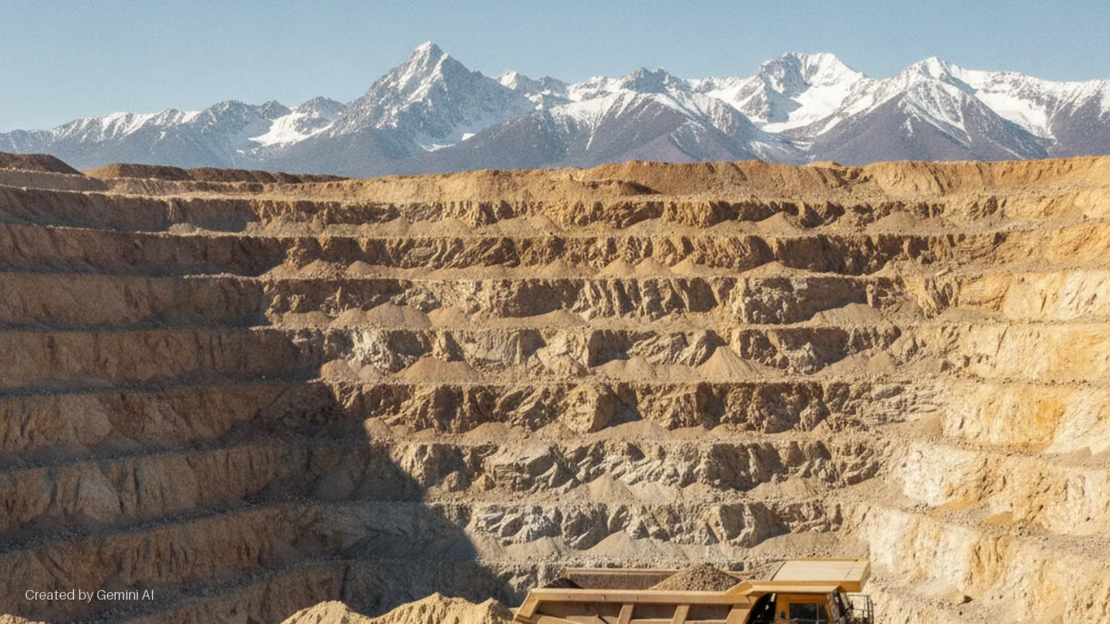 A vast open-pit mine with multiple terraced levels and a large dump truck in the bottom right, set against snow-capped mountains under bright sunlight.