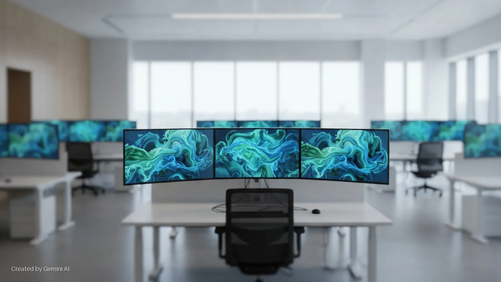 A brightly lit open-plan office features rows of white desks and office chairs, with numerous computer monitors displaying abstract blue and green swirling patterns, including a prominent three-curved-screen setup in the foreground.