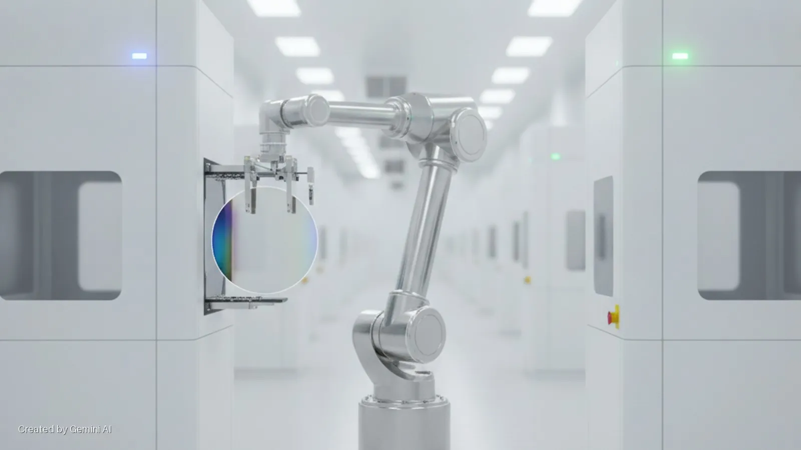 A silver robotic arm precisely positions an iridescent silicon wafer within a brightly lit, sterile semiconductor manufacturing cleanroom lined with white processing equipment modules.