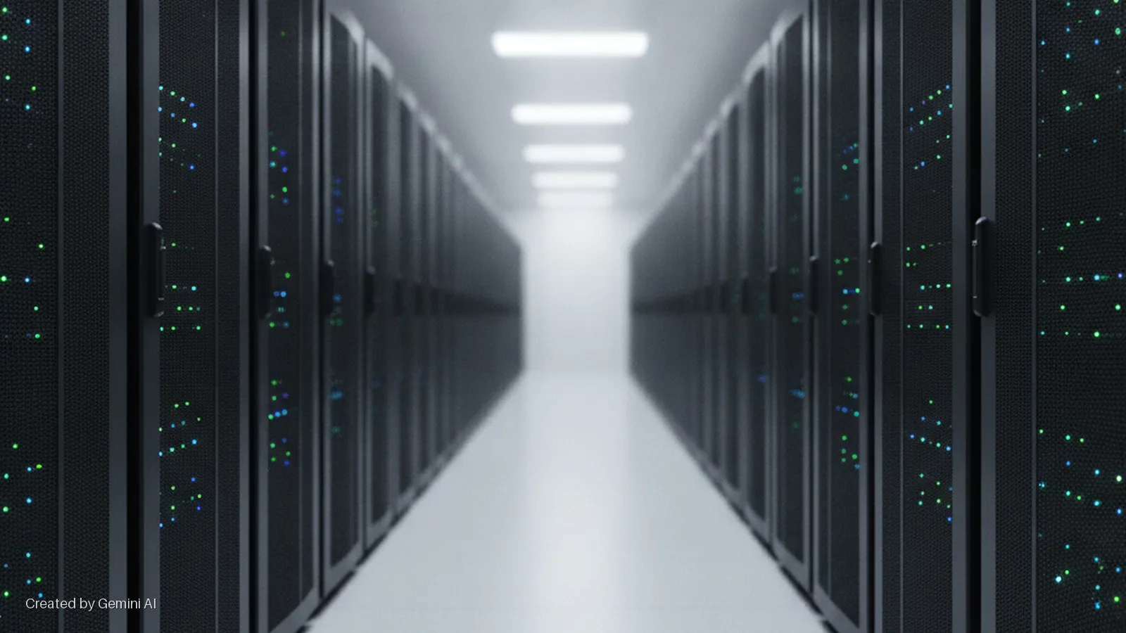 A data center aisle with parallel rows of black server racks displaying blinking green and blue lights, illuminated by bright rectangular overhead lights.