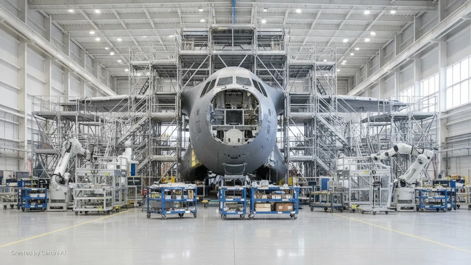 A large, gray aircraft fuselage and wings undergo construction or maintenance in a vast, brightly lit industrial hangar, surrounded by extensive scaffolding, several robotic arms, and numerous utility carts on a polished concrete floor.