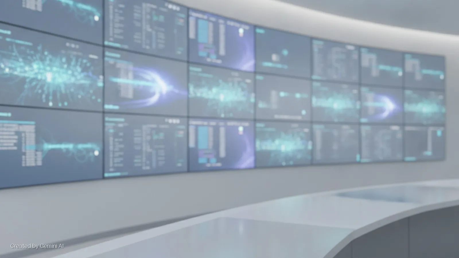 A brightly lit, modern control room features a curved wall of multiple screens displaying abstract blue data graphics and text, with a sleek white counter in the foreground.