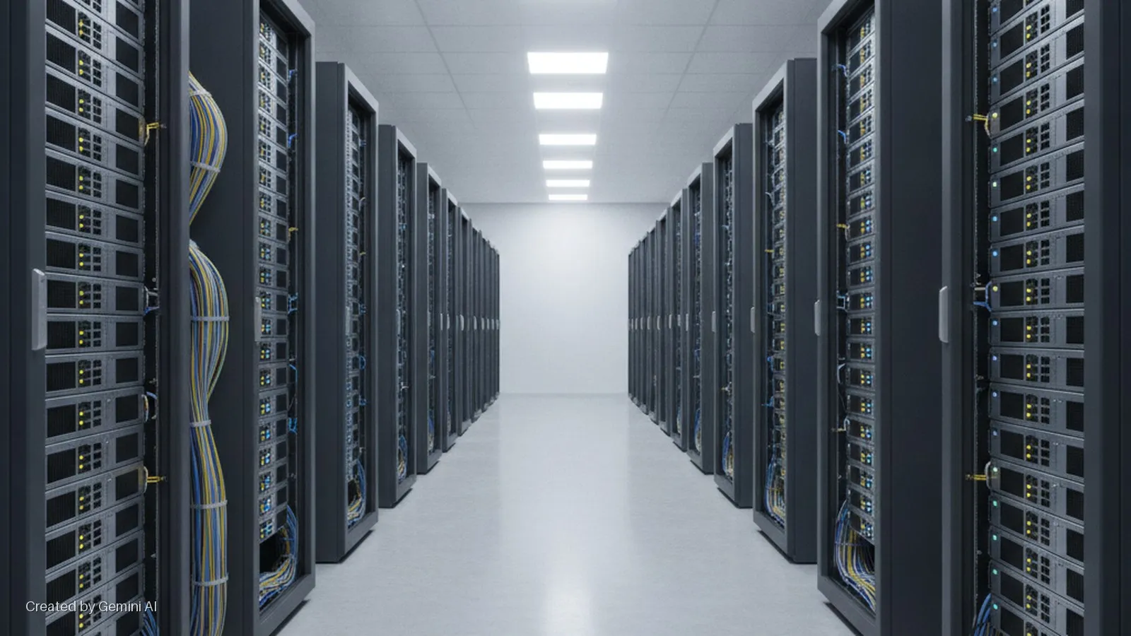 A brightly lit data center hallway extends into the distance, flanked by symmetrical rows of dark server racks displaying numerous yellow and blue indicator lights and bundles of colorful cables.
