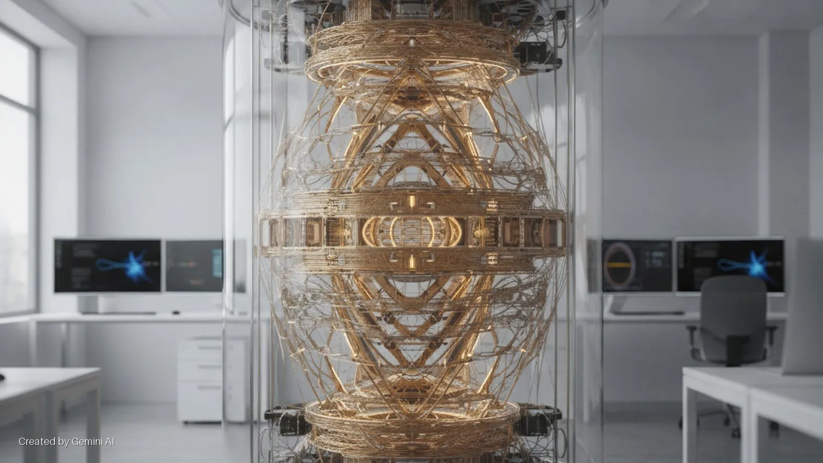 An intricate, glowing golden wire apparatus, encased within a clear glass cylinder, stands centrally in a brightly lit modern office furnished with white desks, office chairs, computer monitors displaying scientific graphics, a window, and 