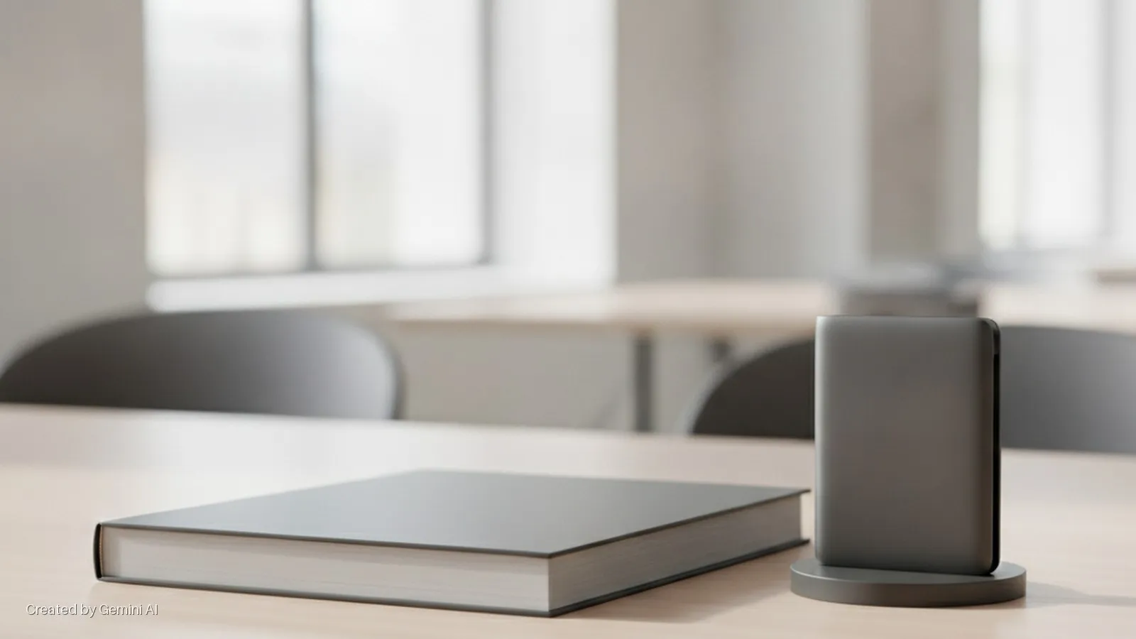 A closed gray book and a gray rectangular device standing upright on a round base are on a light wooden table in a brightly lit modern room with blurred background windows and chairs.