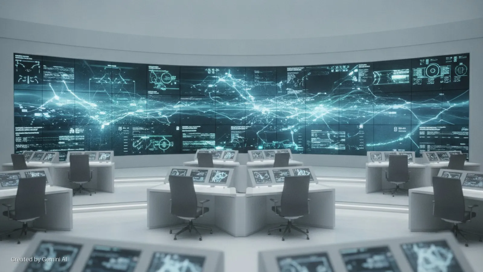 A bright, modern control room features a large, curved wall of monitors displaying a glowing blue data network over a dark background, with multiple computer workstations and chairs arranged in rows.