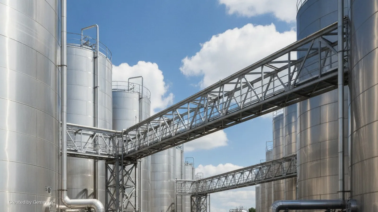 Large stainless steel industrial storage silos with connecting metal truss walkways and visible piping stand under a bright blue sky with white clouds.