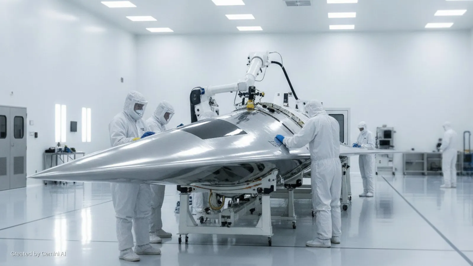 Engineers in white cleanroom suits work on a sleek, silver, pointed aerodynamic vehicle with a robotic arm in a brightly lit, white cleanroom facility.