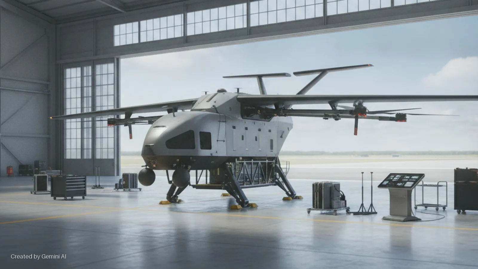 A large, grey VTOL drone with multiple propellers rests on its landing gear inside an open hangar, surrounded by various pieces of ground support equipment and illuminated by bright natural light.